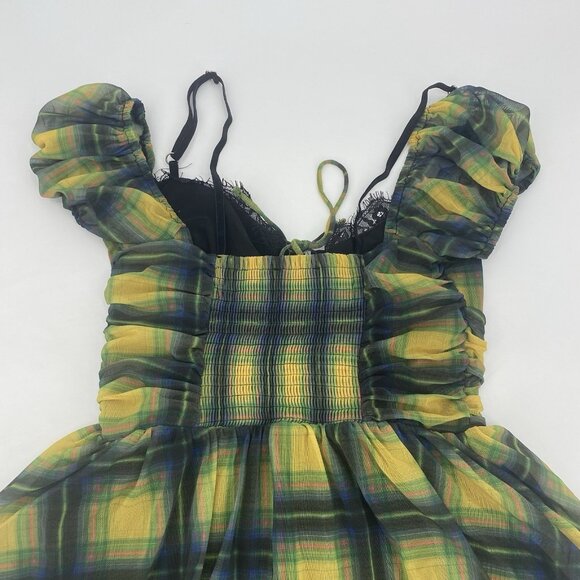 Urban Outfitters UO Tula Layered Mesh Playsuit  Romper Size Medium Plaid Smock - Picture 10 of 11